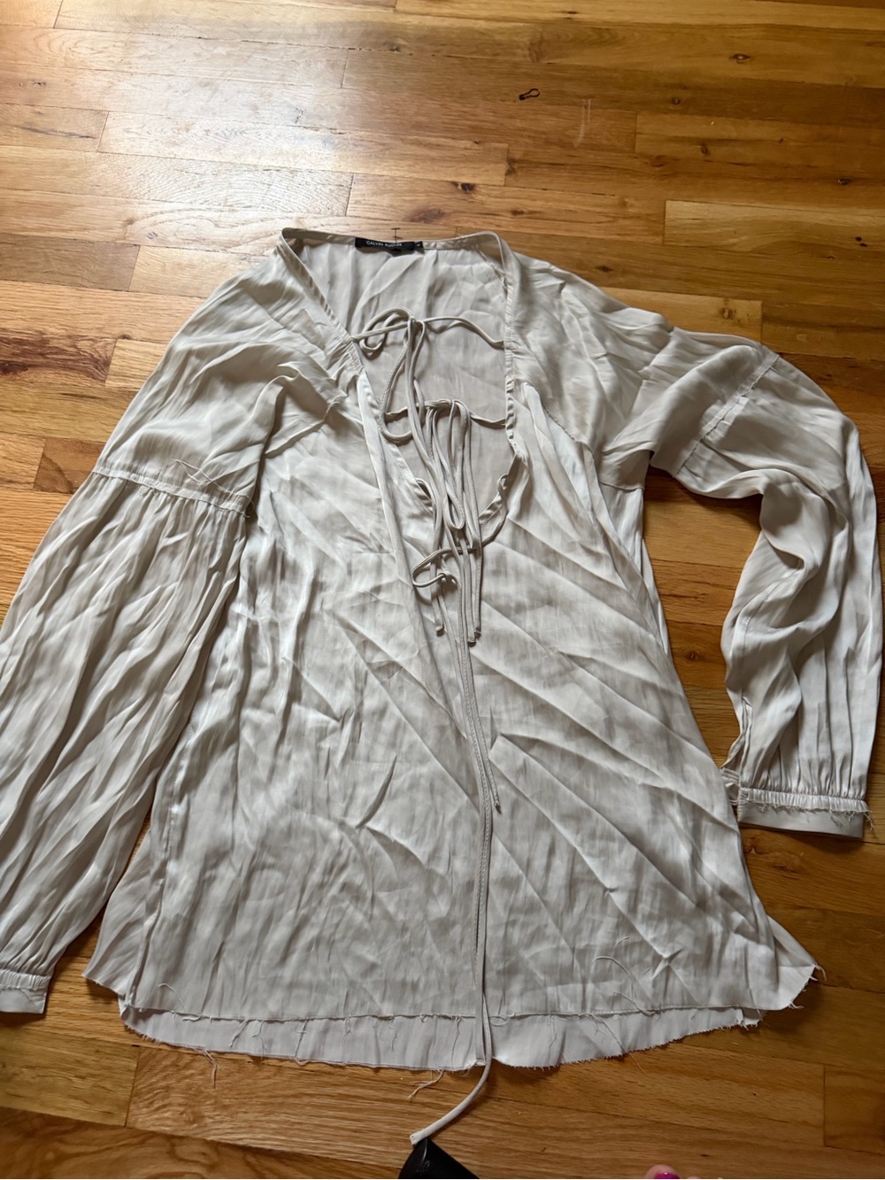Light Cream Tie-Front Women's Peasant Long Sleeves Raw Hem ($ for Travel Sale!)